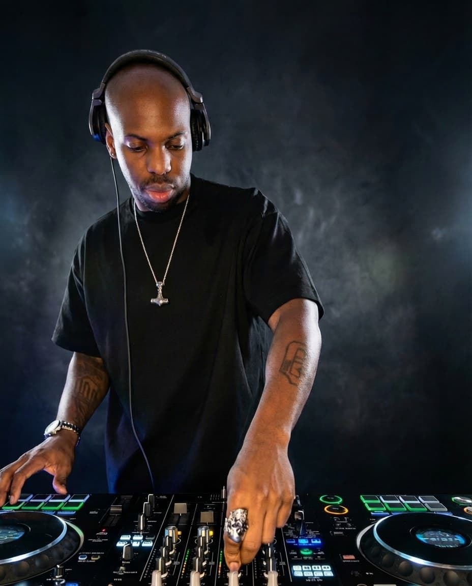 Dan Seven playing music at the DJ controller