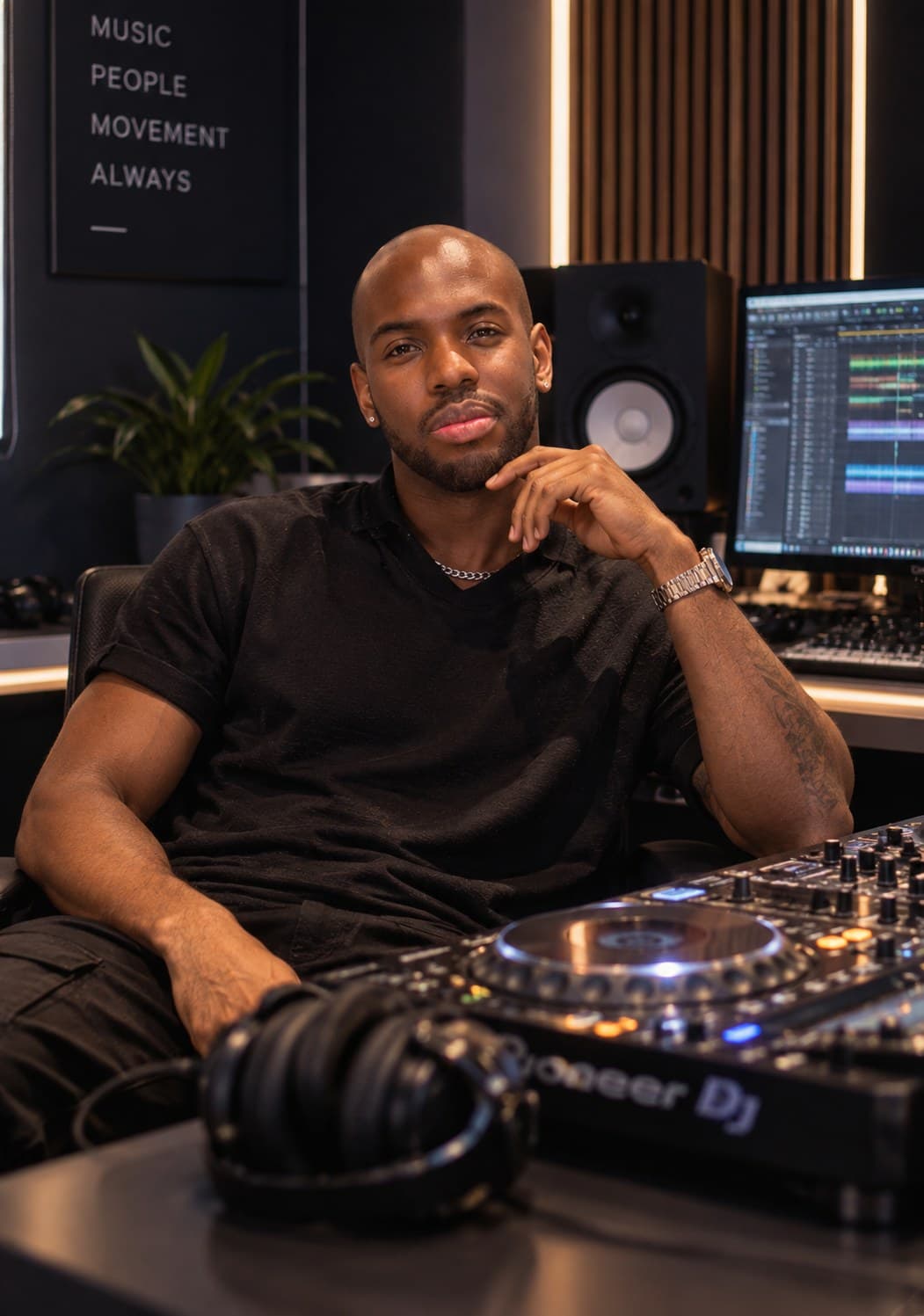 Dan Seven in his music studio with monitors and DJ equipment